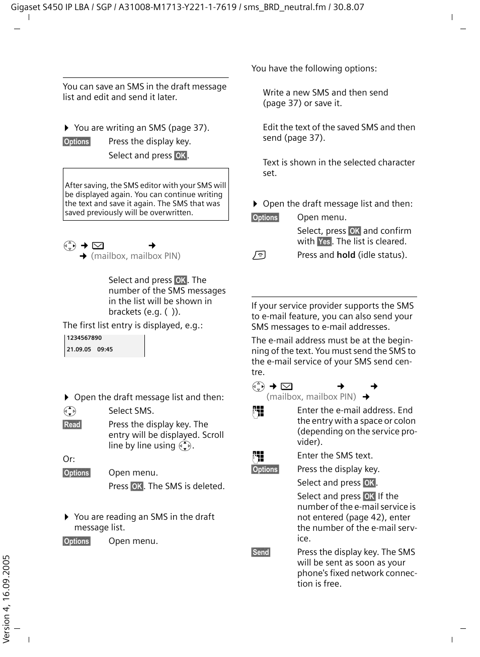 Draft message list, Sending sms messages to an e-mail address | Siemens Gigaset S450 IP User Manual | Page 39 / 131