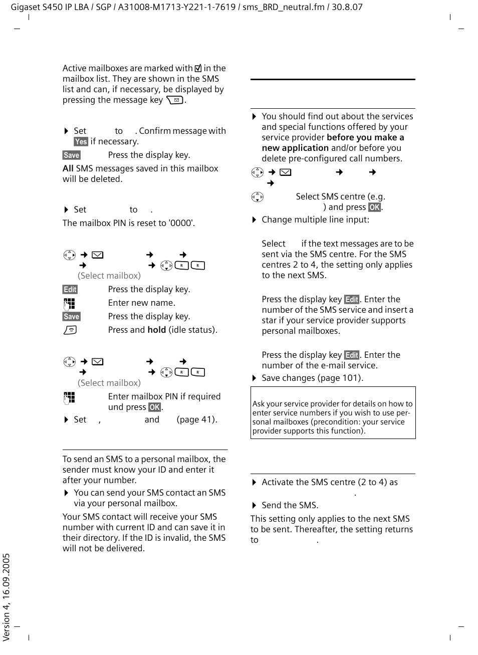Sending an sms to a personal mailbox, Setting sms centre, Entering/changing sms centres | Sending an sms through another sms centre, S (see | Siemens Gigaset S450 IP User Manual | Page 43 / 131