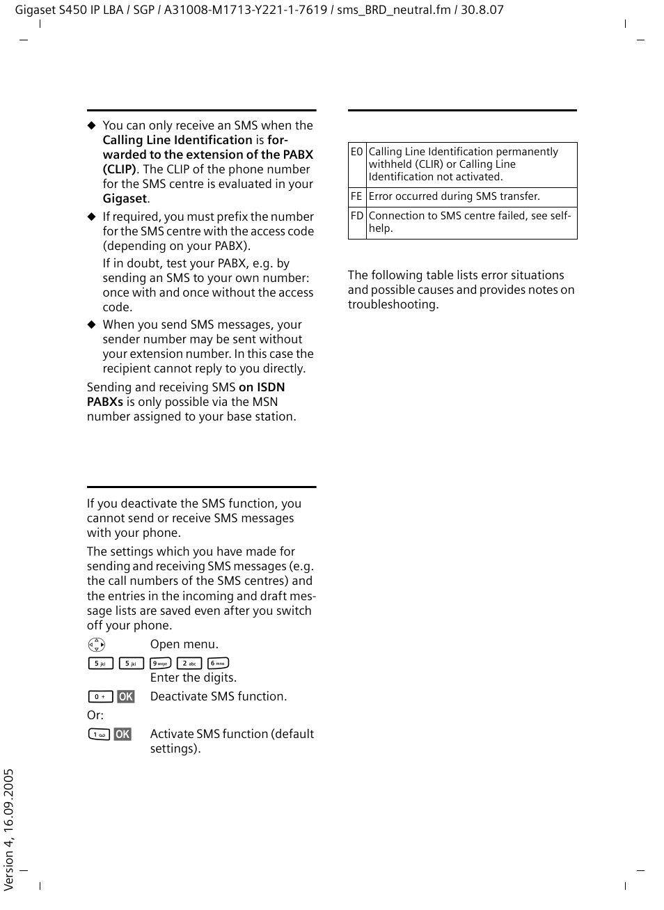 Sms on a pabx, Activating/deactivating sms function, Sms troubleshooting | Siemens Gigaset S450 IP User Manual | Page 44 / 131