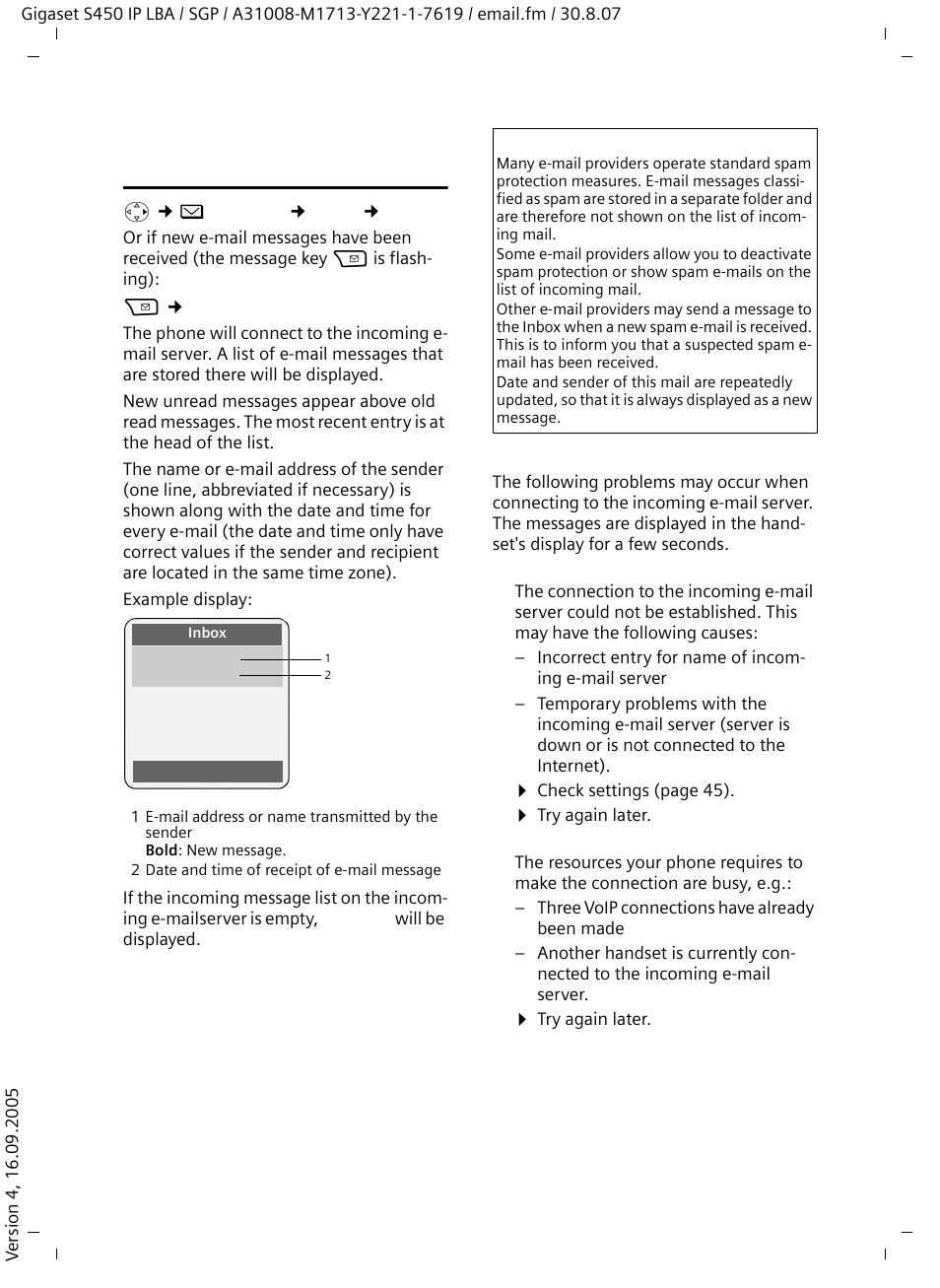 Opening the incoming e-mail server | Siemens Gigaset S450 IP User Manual | Page 47 / 131