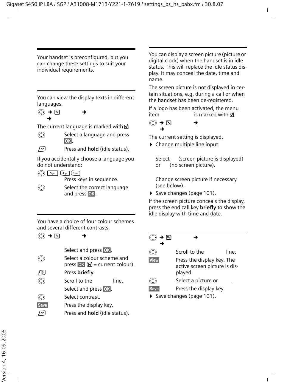 Setting the handset, Changing the display language, Setting the display | Setting the screen picture, Changing the screen picture | Siemens Gigaset S450 IP User Manual | Page 62 / 131