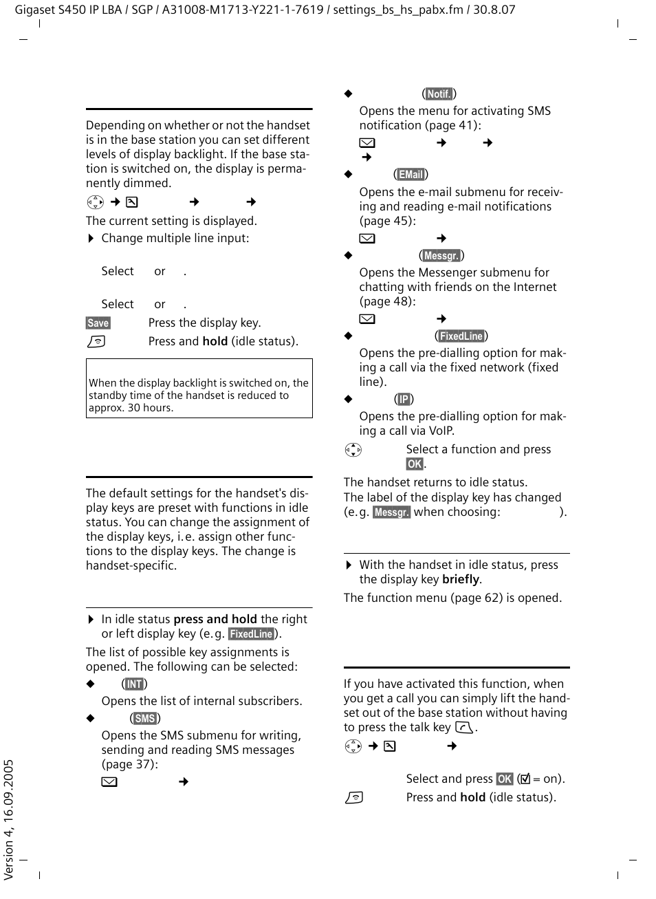 Setting the display backlight, Assigning the handset's display keys, Assigning a function | Starting a function, Activating/deactivating auto answer | Siemens Gigaset S450 IP User Manual | Page 63 / 131