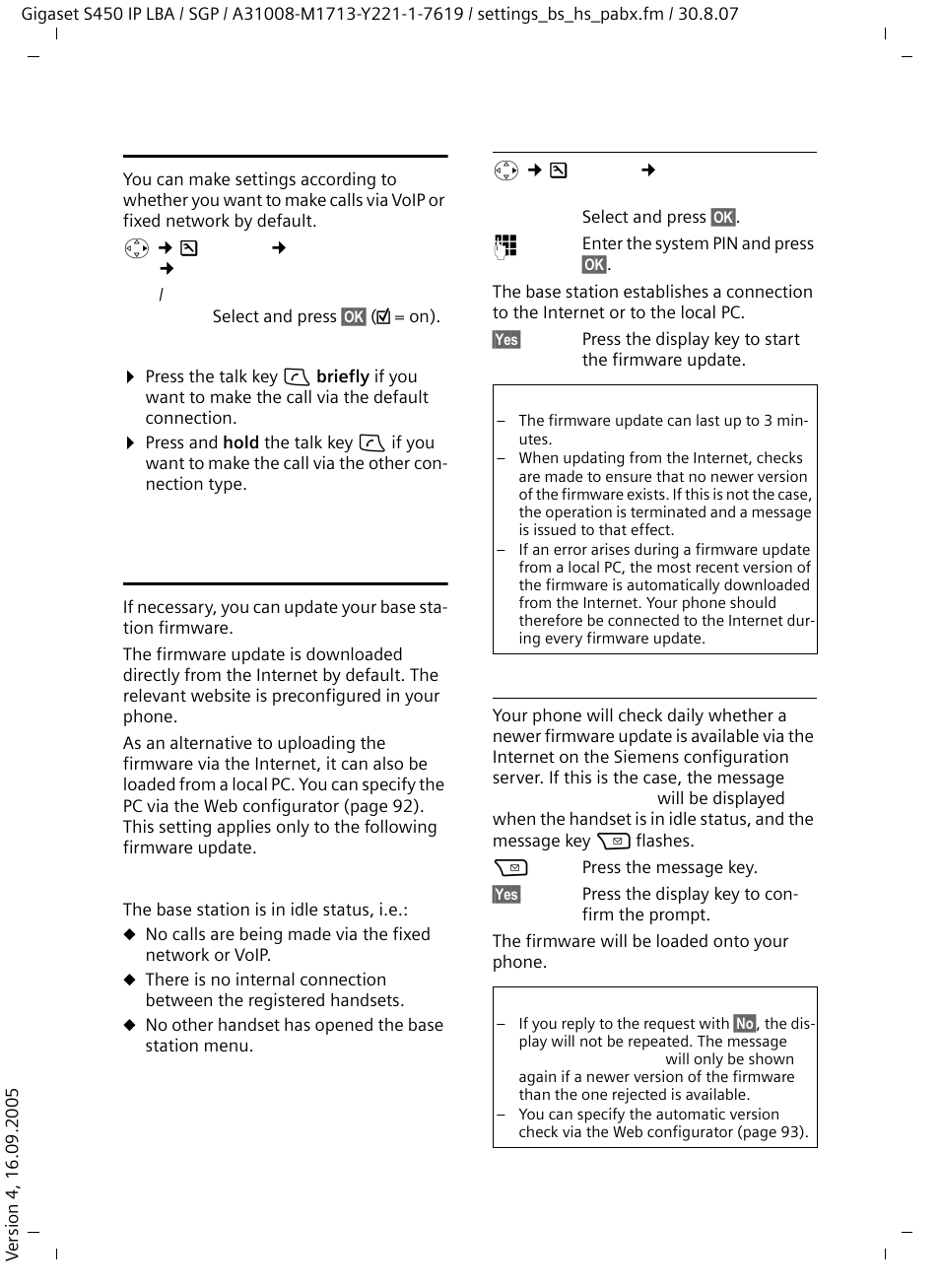 Setting the default connection, Updating the base station firmware, Starting the firmware update manually | Automatic firmware update | Siemens Gigaset S450 IP User Manual | Page 68 / 131