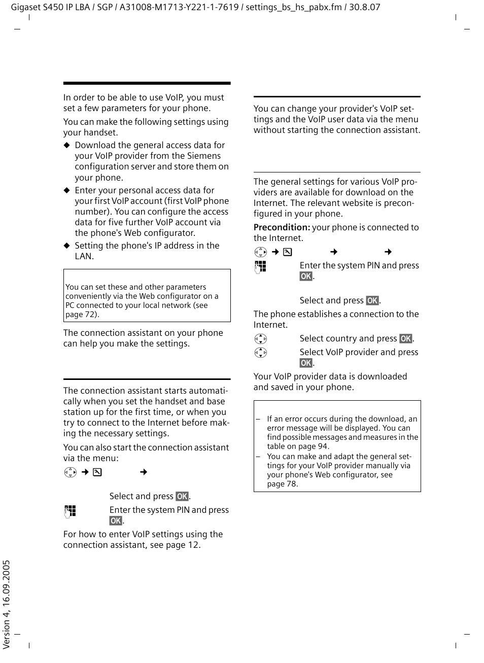Making voip settings, Using the connection assistant, Changing settings without the connection assistant | Downloading your voip provider's settings | Siemens Gigaset S450 IP User Manual | Page 69 / 131