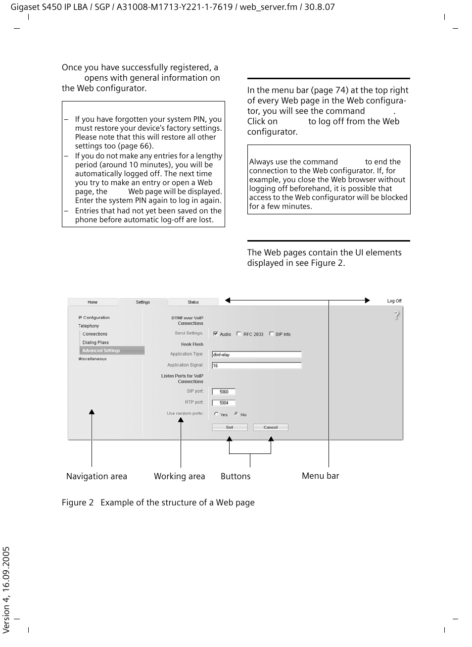 Logging off, Structure of the web pages | Siemens Gigaset S450 IP User Manual | Page 74 / 131