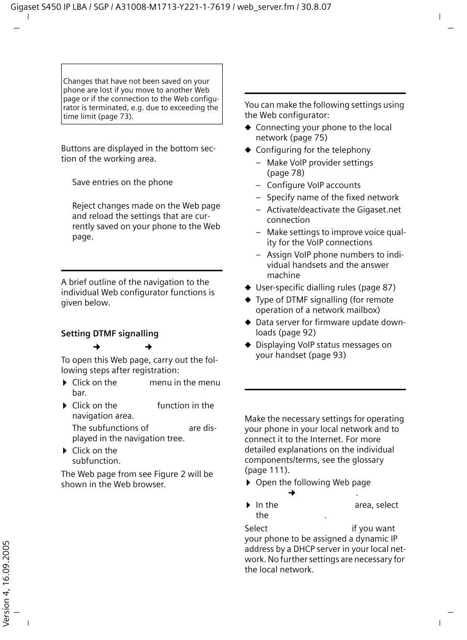 Setting the phone with web configurator, Ip configuration, Opening web pages | Siemens Gigaset S450 IP User Manual | Page 76 / 131