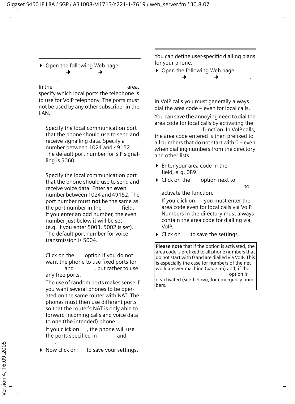 Defining local communication ports for voip, Defining dialling plans, Setting area code predialling | De, see | Siemens Gigaset S450 IP User Manual | Page 88 / 131