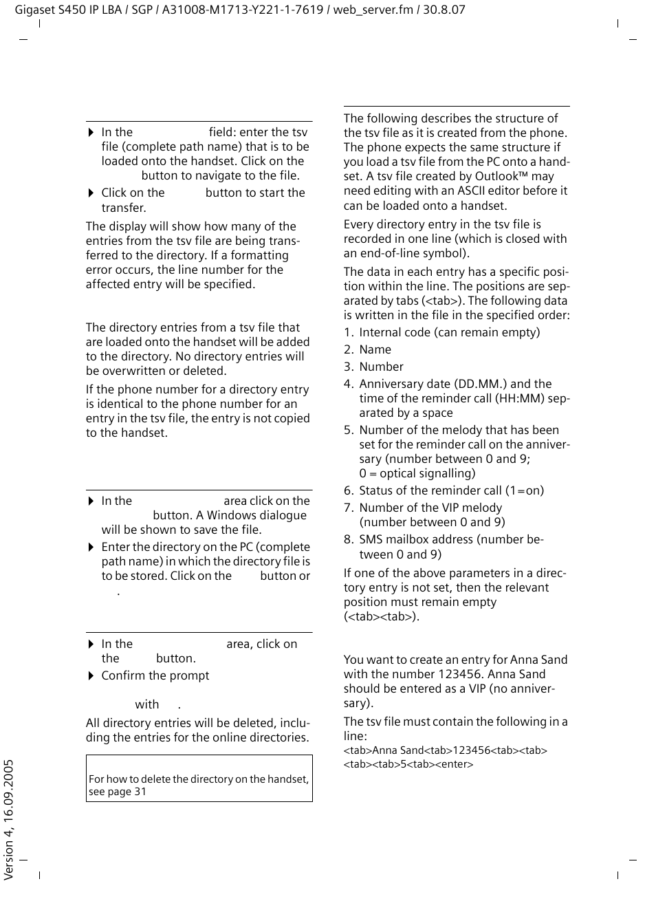 Load the directory file from the pc to the handset, Loading the directory from the handset to the pc, Deleting the directory | Format of the directory file (tsv file) | Siemens Gigaset S450 IP User Manual | Page 90 / 131