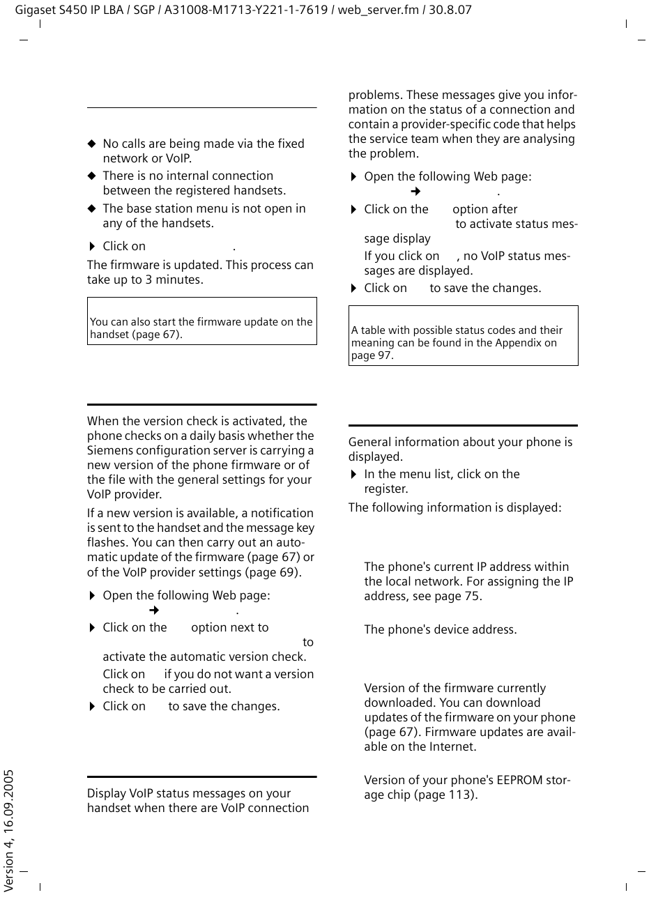 Starting firmware update, Activating voip status message display, Checking status information via your phone | Siemens Gigaset S450 IP User Manual | Page 94 / 131