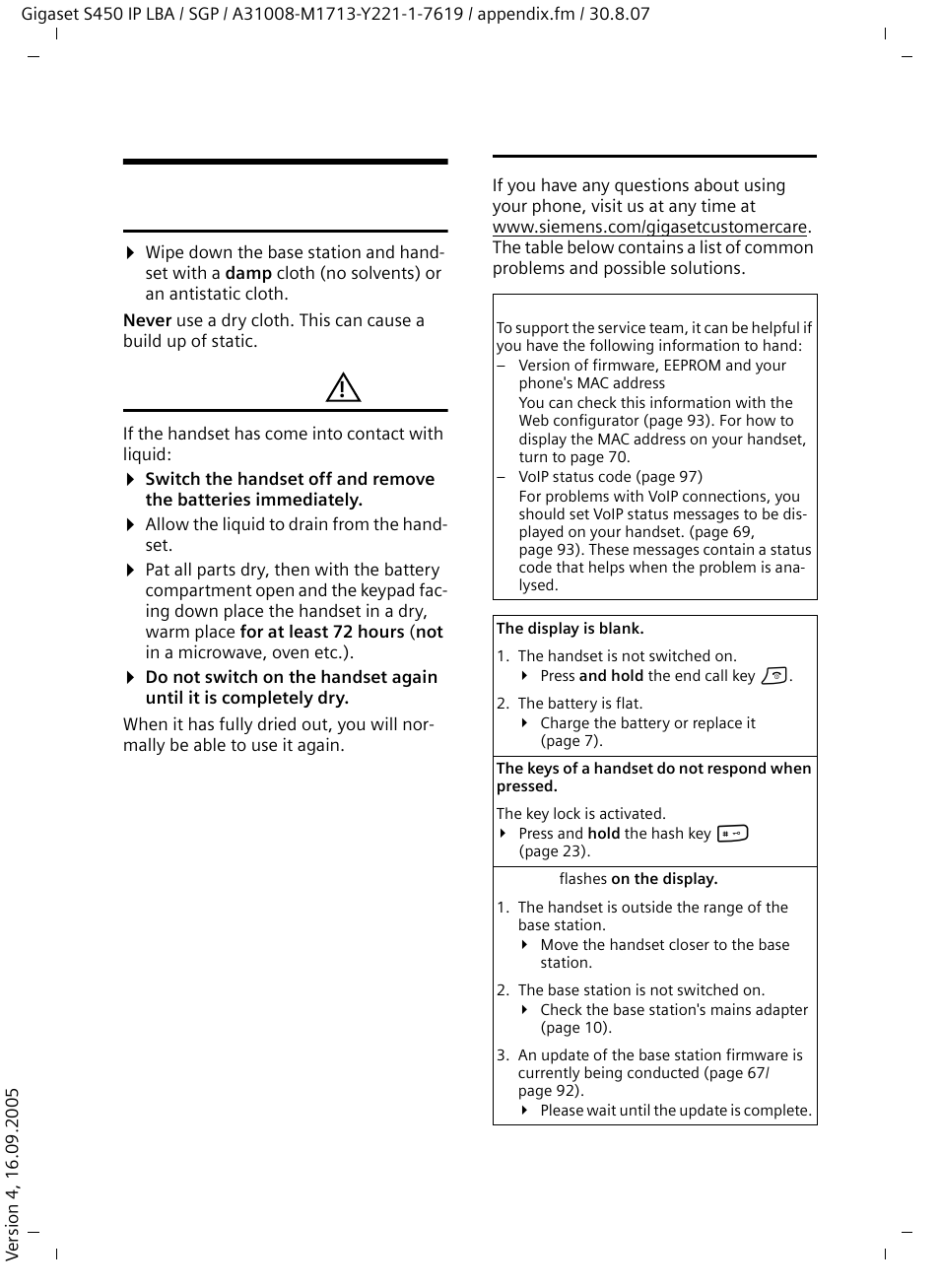 Appendix, Care, Contact with liquid | Questions and answers, Care contact with liquid questions and answers, Ques, Tions and answers | Siemens Gigaset S450 IP User Manual | Page 95 / 131