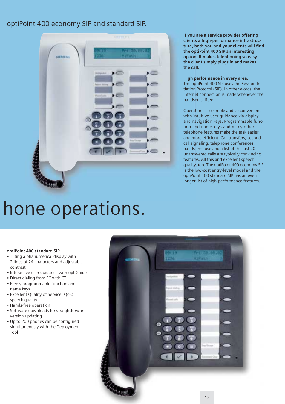 Hone operations, Optipoint 400 economy sip and standard sip | Siemens optiPoint family User Manual | Page 13 / 39