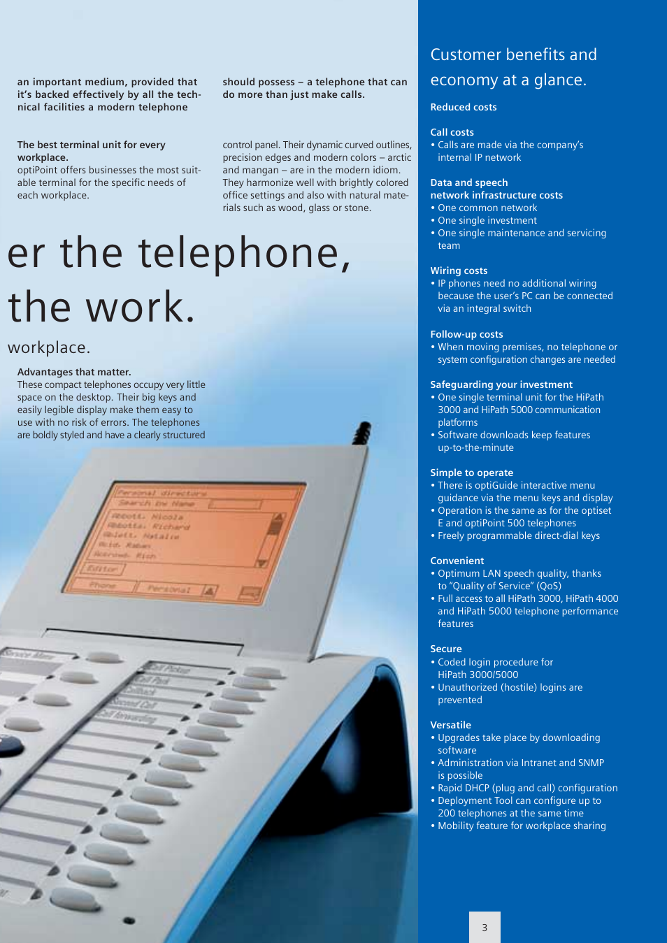 Er the telephone, the work, Customer benefits and economy at a glance, Workplace | Siemens optiPoint family User Manual | Page 3 / 39