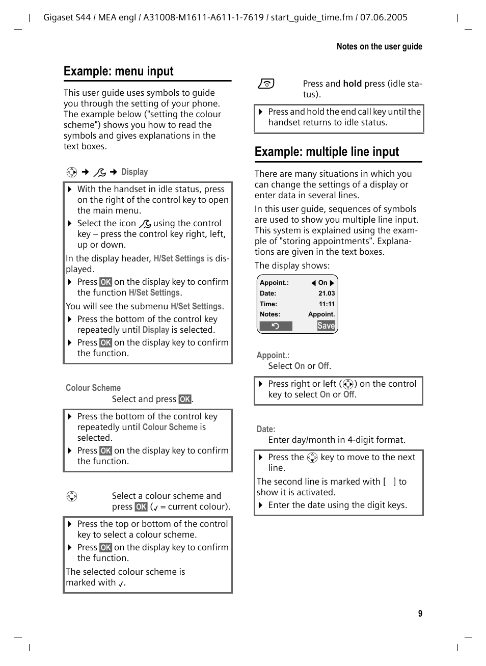 Example: menu input, Example: multiple line input, Example: menu input example: multiple line input | Siemens GigasetS44 User Manual | Page 10 / 36