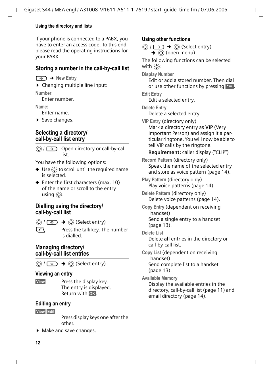 Storing a number in the call-by-call list, Selecting a directory/ call-by-call list entry, Dialling using the directory/ call-by-call list | Managing directory/ call-by-call list entries | Siemens GigasetS44 User Manual | Page 13 / 36