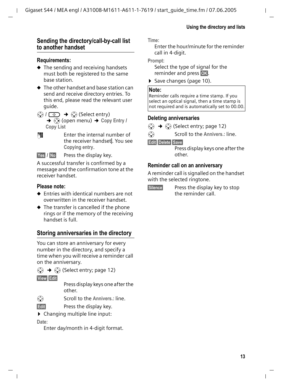 Storing anniversaries in the directory | Siemens GigasetS44 User Manual | Page 14 / 36