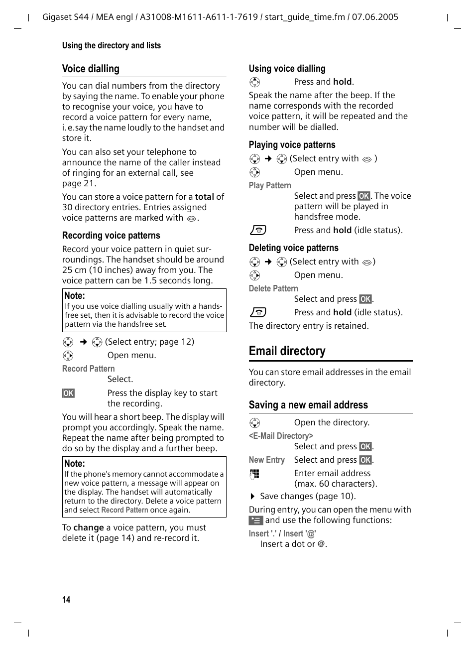 Email directory, Saving a new email address, Voice dialling | Siemens GigasetS44 User Manual | Page 15 / 36