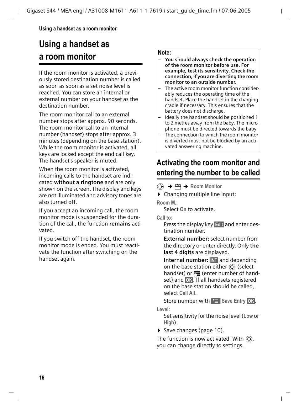 Using a handset as a room monitor | Siemens GigasetS44 User Manual | Page 17 / 36