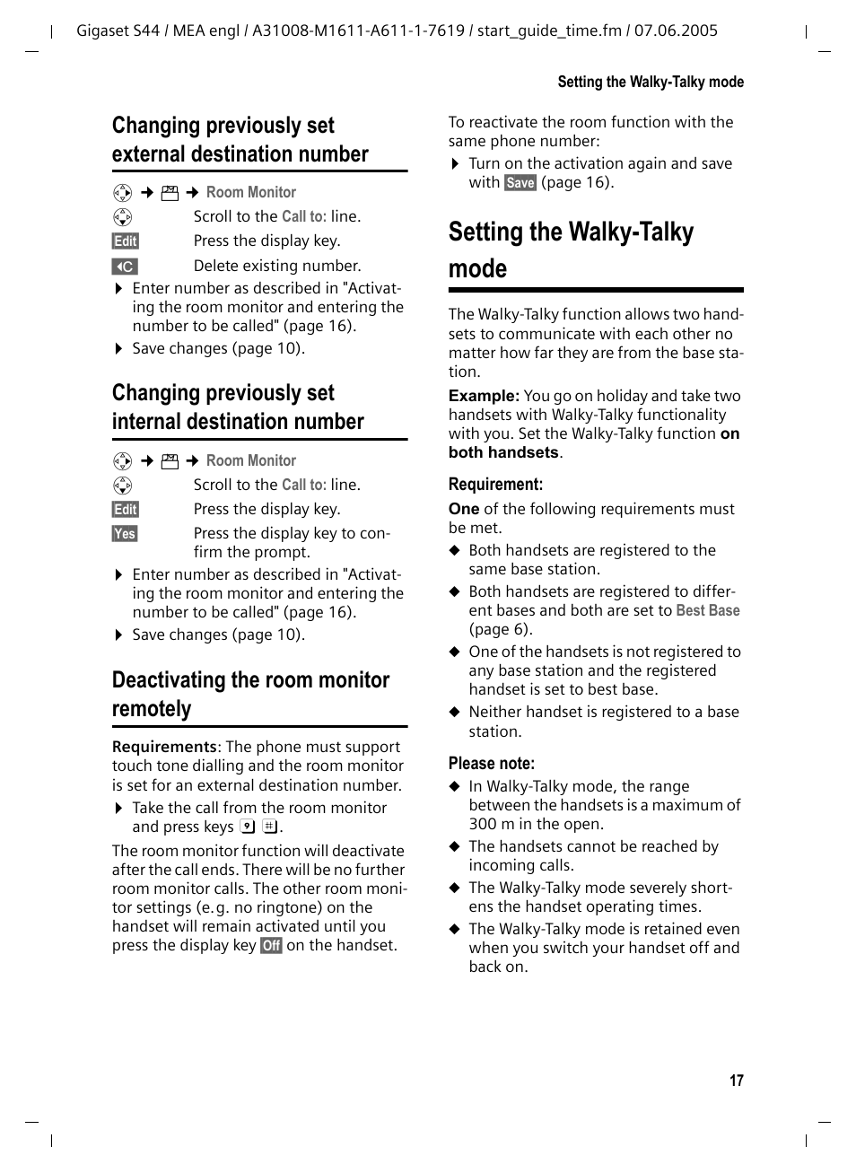 Deactivating the room monitor remotely, Setting the walky-talky mode | Siemens GigasetS44 User Manual | Page 18 / 36