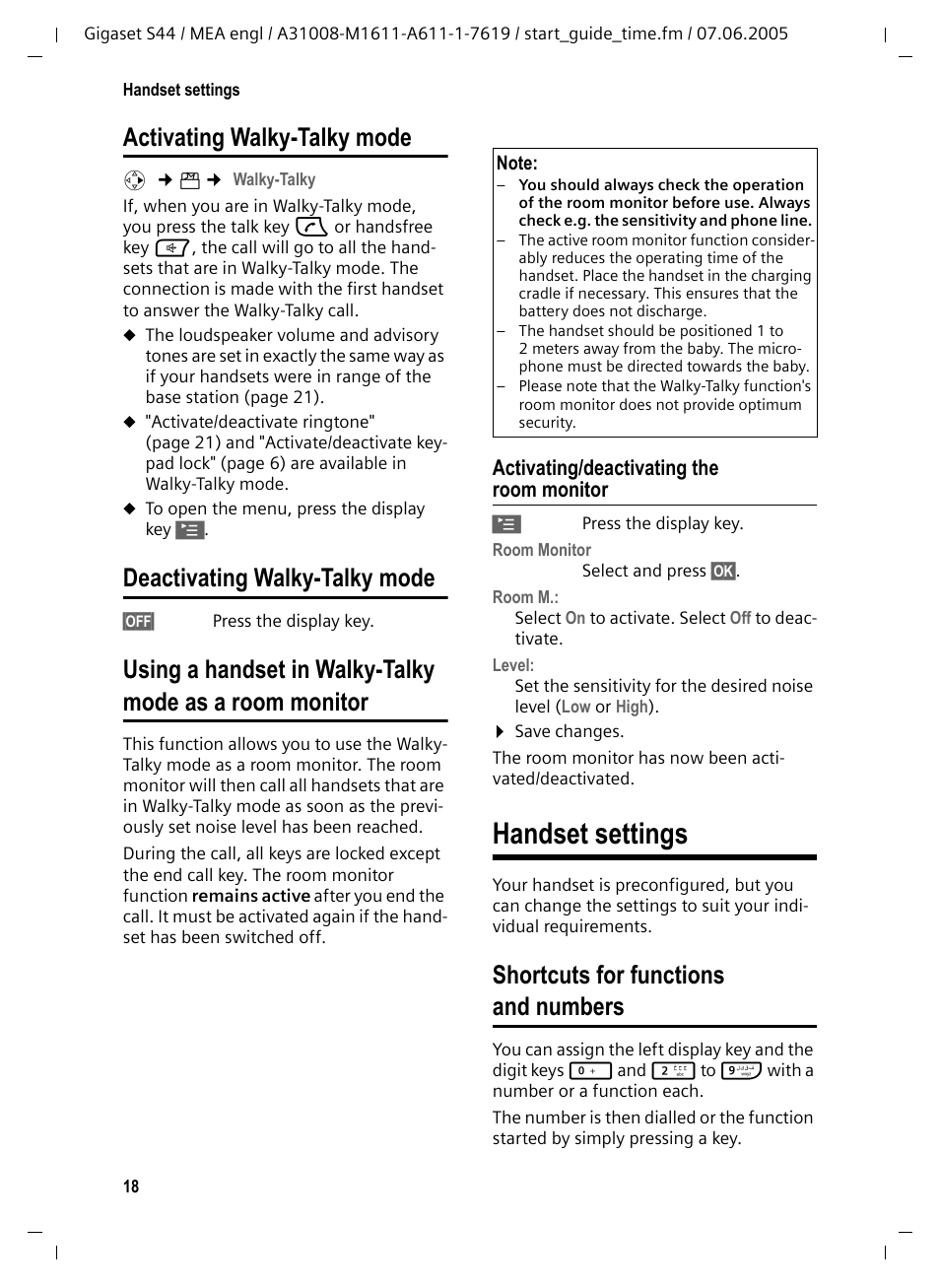 Activating walky-talky mode, Deactivating walky-talky mode, Activating/deactivating the room monitor | Handset settings, Shortcuts for functions and numbers | Siemens GigasetS44 User Manual | Page 19 / 36