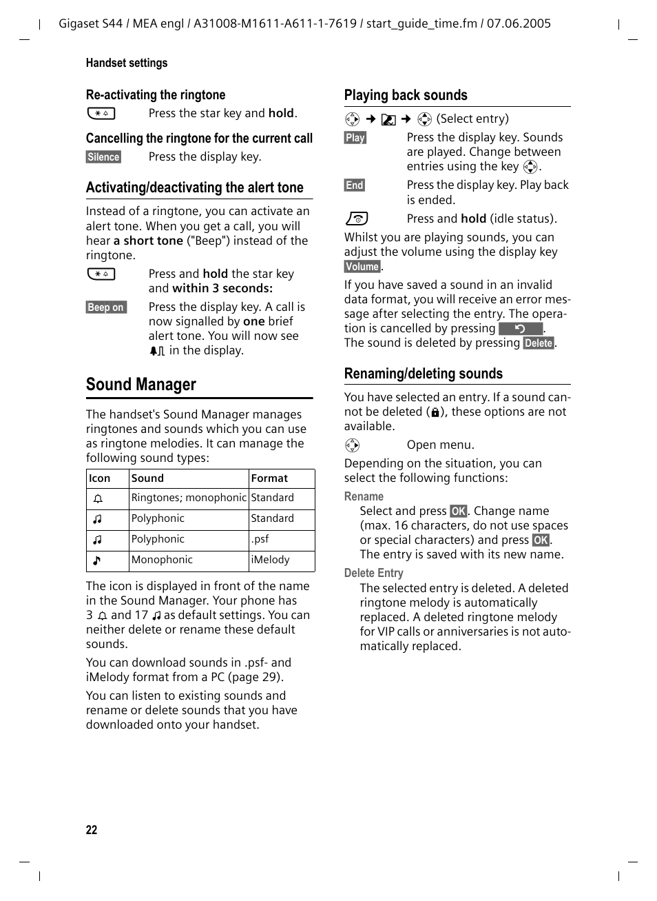 Activating/deactivating the alert tone, Sound manager, Playing back sounds | Renaming/deleting sounds | Siemens GigasetS44 User Manual | Page 23 / 36