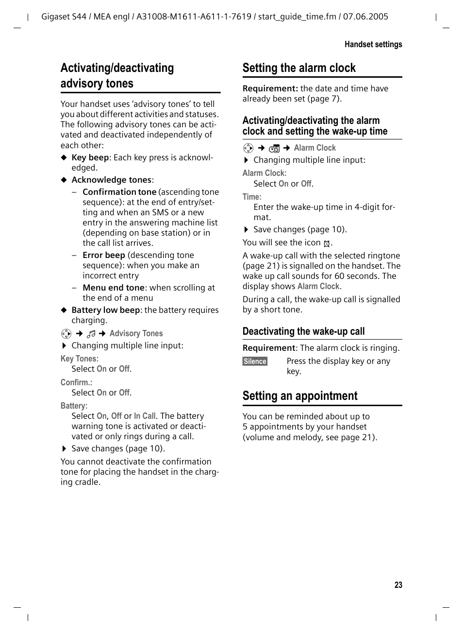 Deactivating the wake-up call, Setting an appointment, Activating/deactivating advisory tones | Setting the alarm clock | Siemens GigasetS44 User Manual | Page 24 / 36