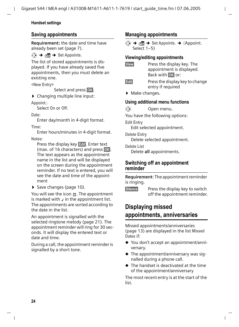 Managing appointments, Switching off an appointment reminder, Displaying missed appointments, anniversaries | Siemens GigasetS44 User Manual | Page 25 / 36