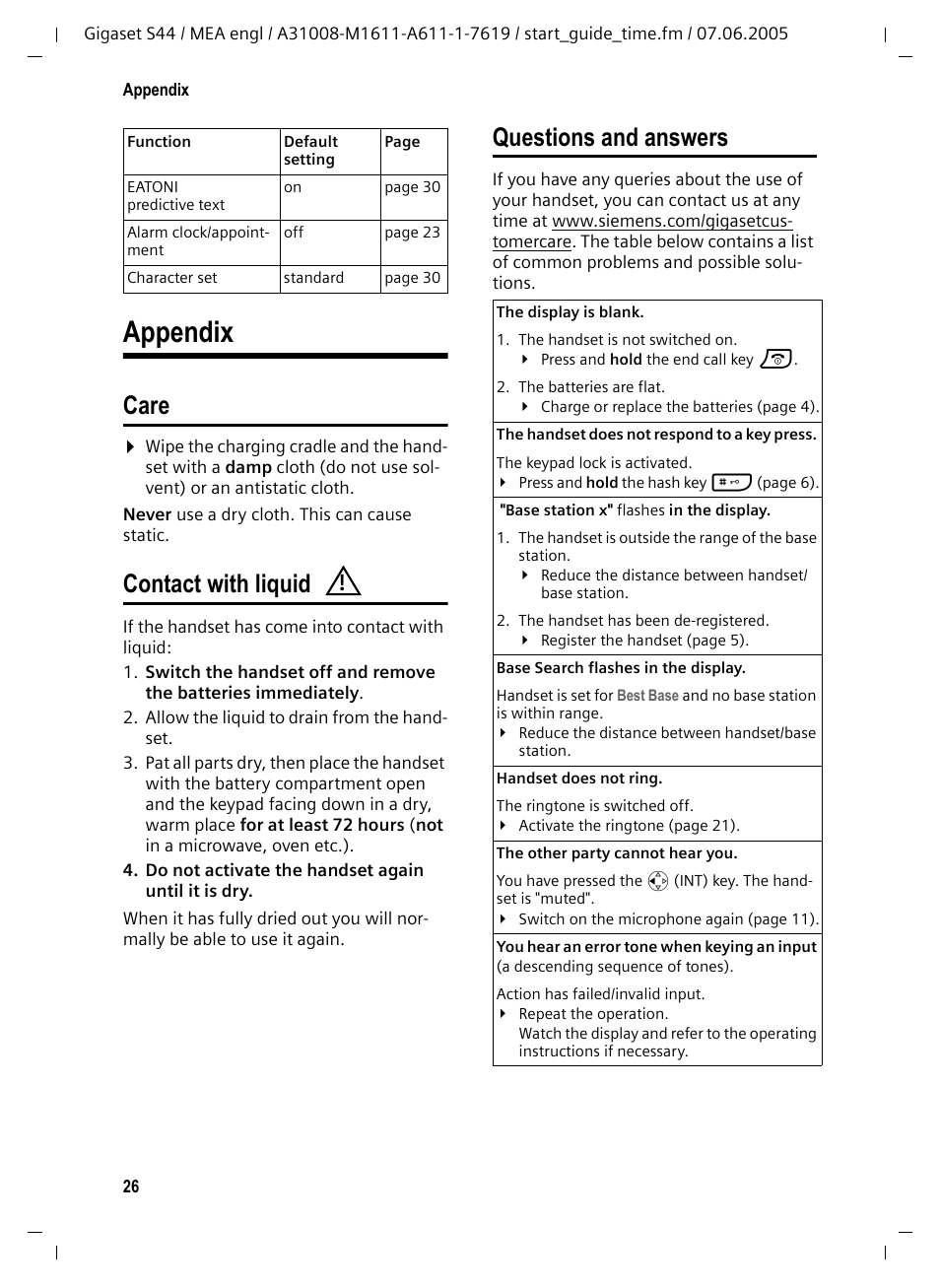 Appendix, Care, Contact with liquid | Care contact with liquid questions and answers, Questions and answers | Siemens GigasetS44 User Manual | Page 27 / 36