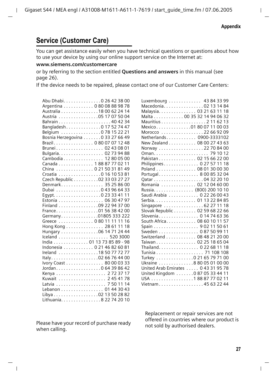 Service (customer care) | Siemens GigasetS44 User Manual | Page 28 / 36