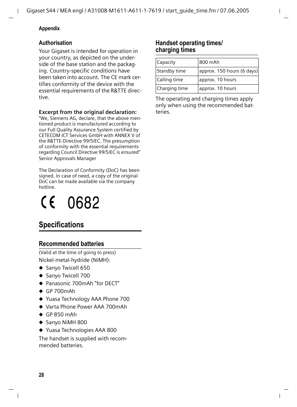 Specifications, Recommended batteries, Handset operating times/ charging times | Siemens GigasetS44 User Manual | Page 29 / 36