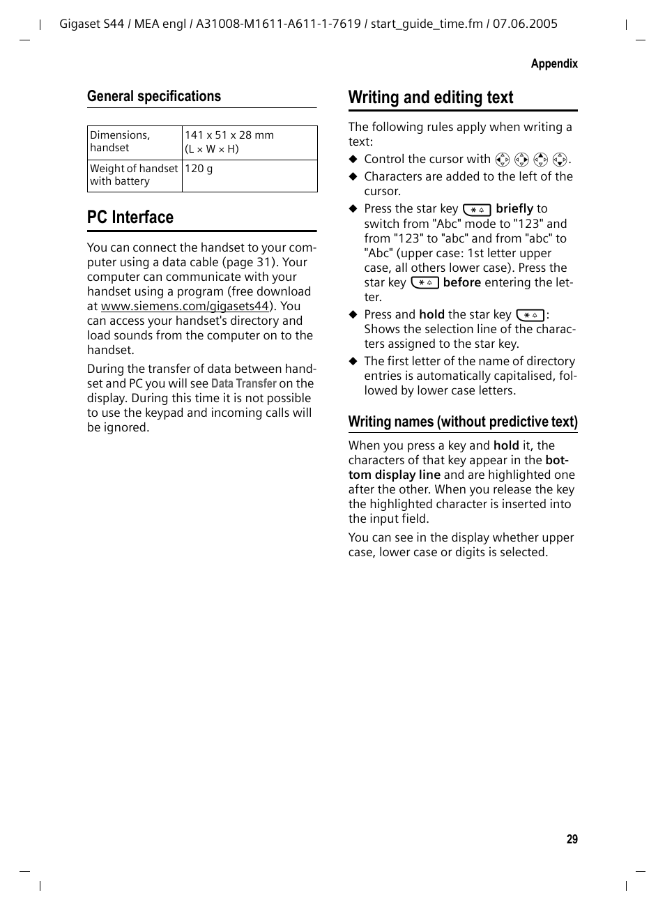 Pc interface, Writing names (without predictive text), Pc interface writing and editing text | Writing and editing text, General specifications | Siemens GigasetS44 User Manual | Page 30 / 36