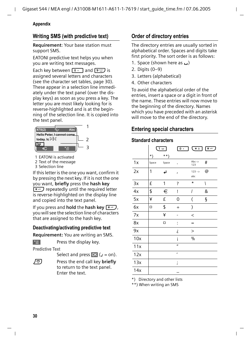 Entering special characters, Writing sms (with predictive text), Order of directory entries | Siemens GigasetS44 User Manual | Page 31 / 36