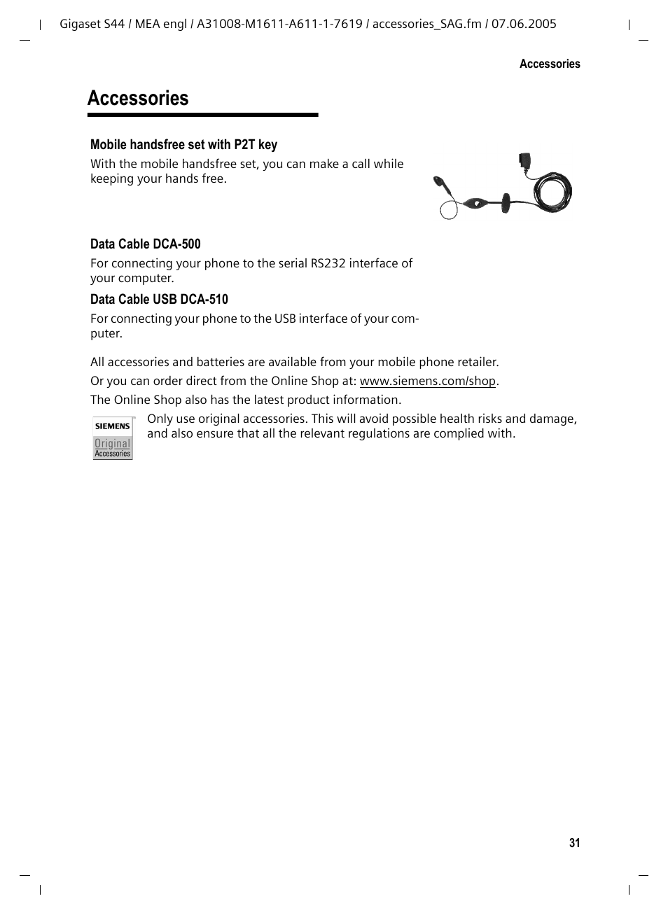 Accessories | Siemens GigasetS44 User Manual | Page 32 / 36