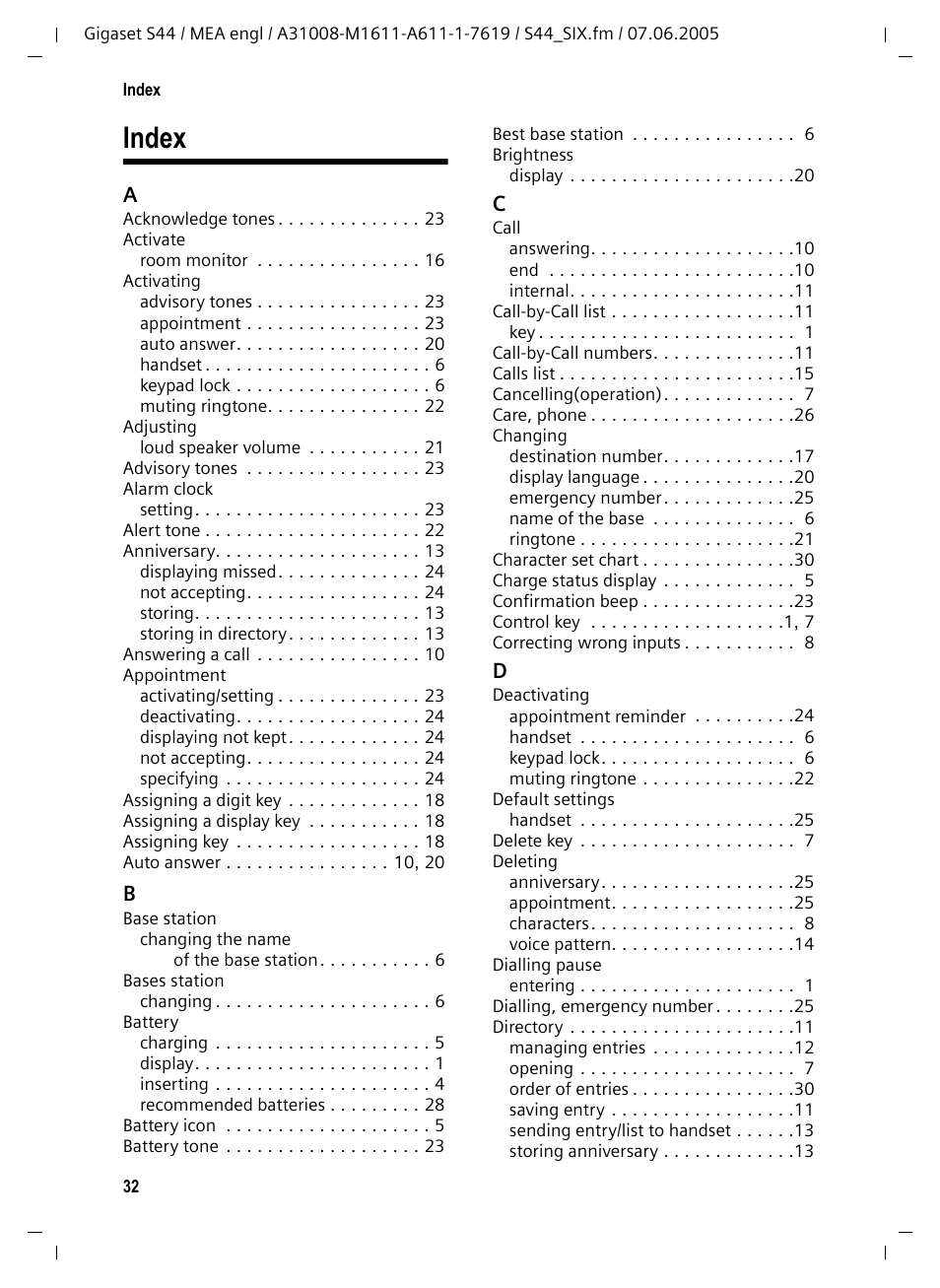 Index | Siemens GigasetS44 User Manual | Page 33 / 36