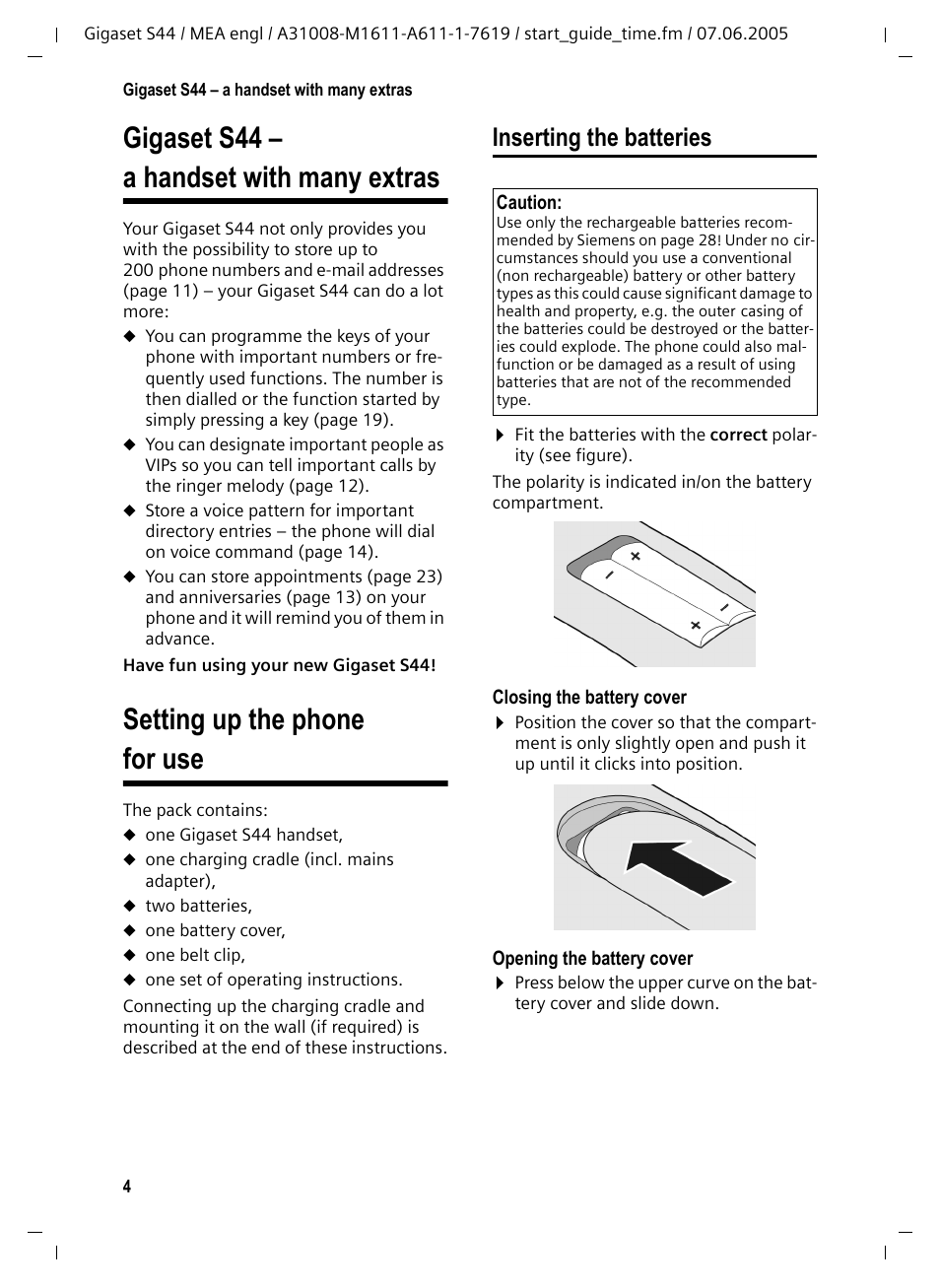 Gigaset s44 - a handset with many extras, Setting up the phone for use, Inserting the batteries | Gigaset s44 – a handset with many extras | Siemens GigasetS44 User Manual | Page 5 / 36