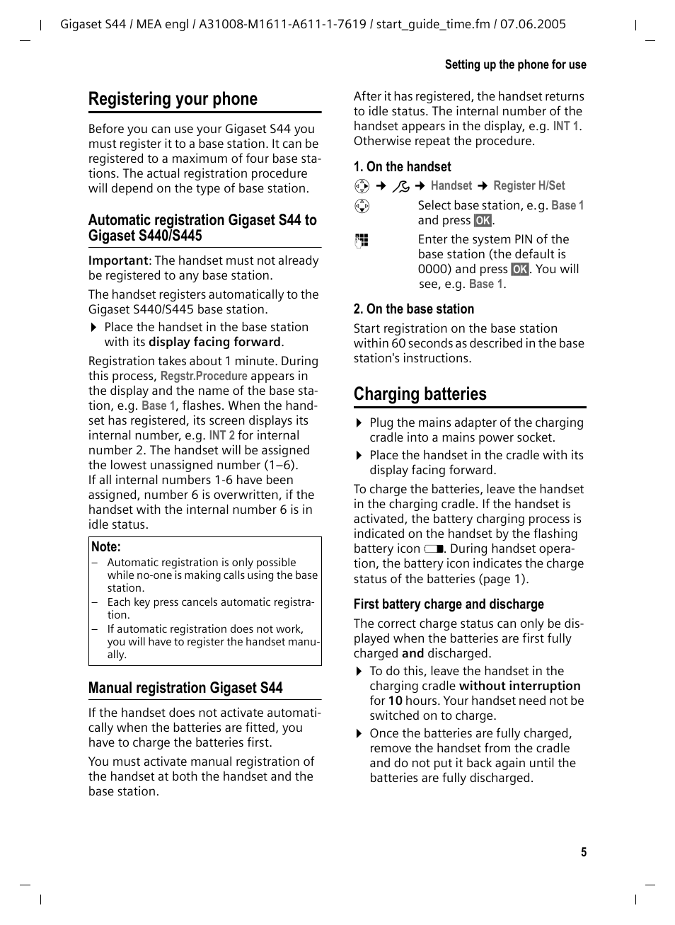 Manual registration gigaset s44, Charging batteries, Registering your phone charging batteries | Registering your phone | Siemens GigasetS44 User Manual | Page 6 / 36