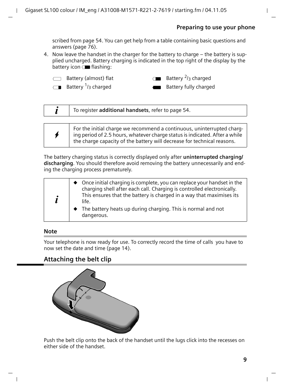 Note, Attaching the belt clip | Siemens Gigaset SL100 User Manual | Page 10 / 93