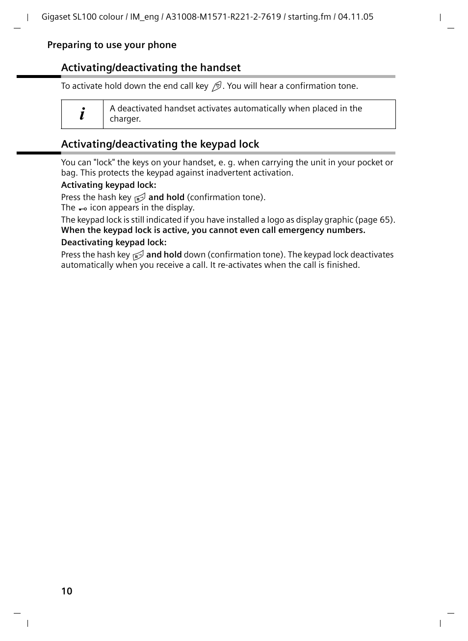 Activating/deactivating the handset, Activating/deactivating the keypad lock | Siemens Gigaset SL100 User Manual | Page 11 / 93