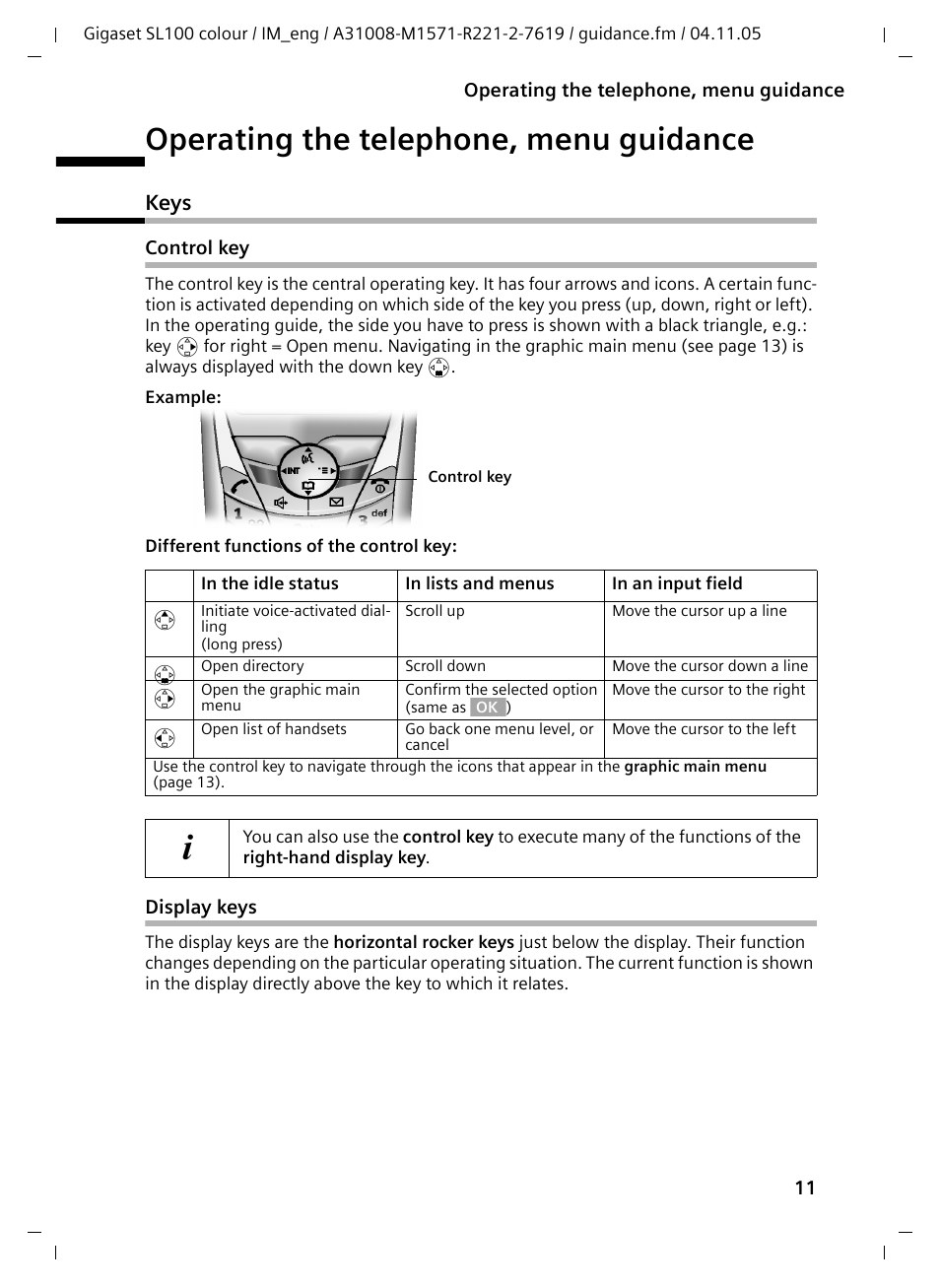 Operating the telephone, menu guidance, Keys, Control key | Display keys | Siemens Gigaset SL100 User Manual | Page 12 / 93