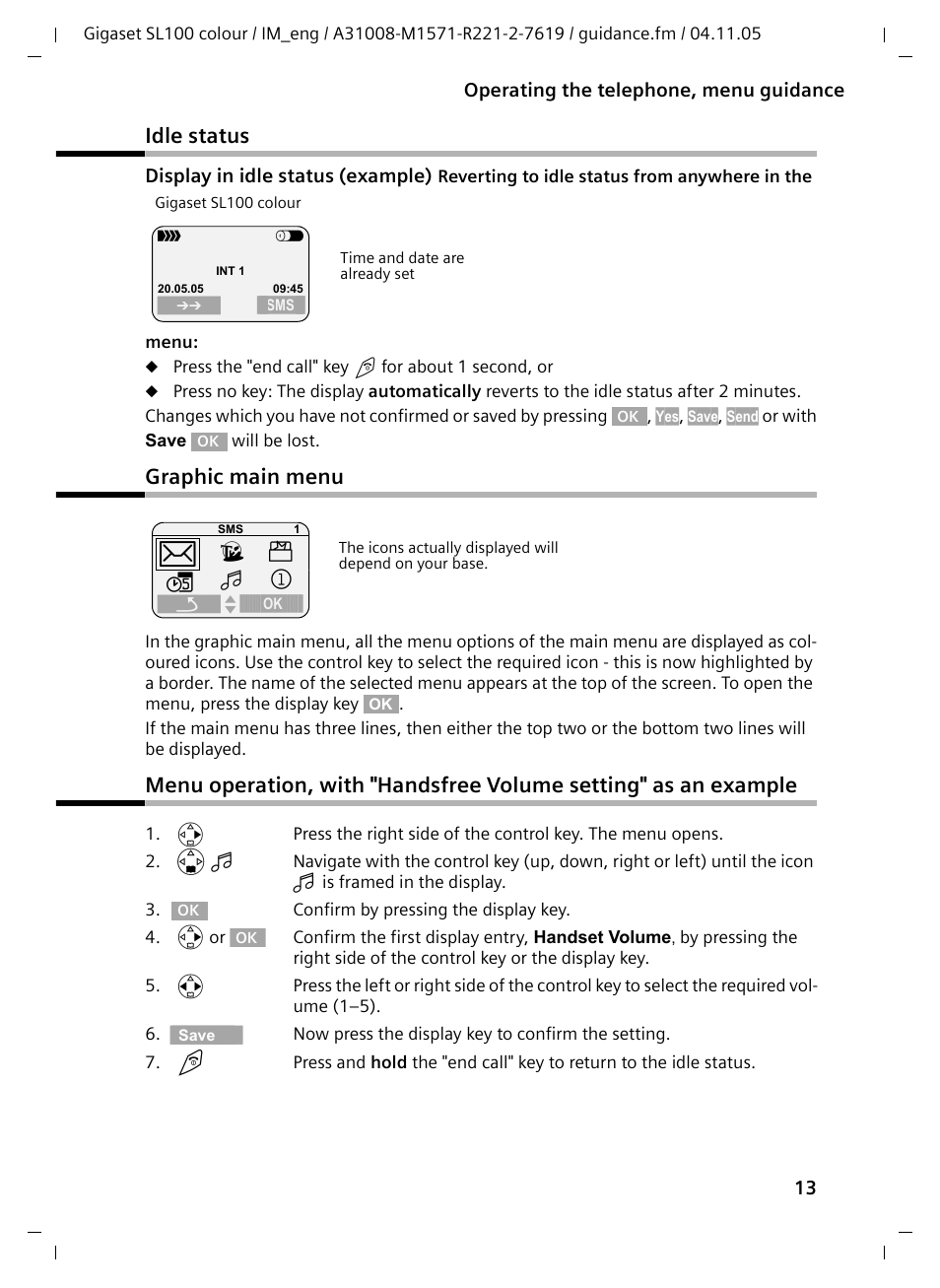 Idle status, Graphic main menu, Лй к | Siemens Gigaset SL100 User Manual | Page 14 / 93