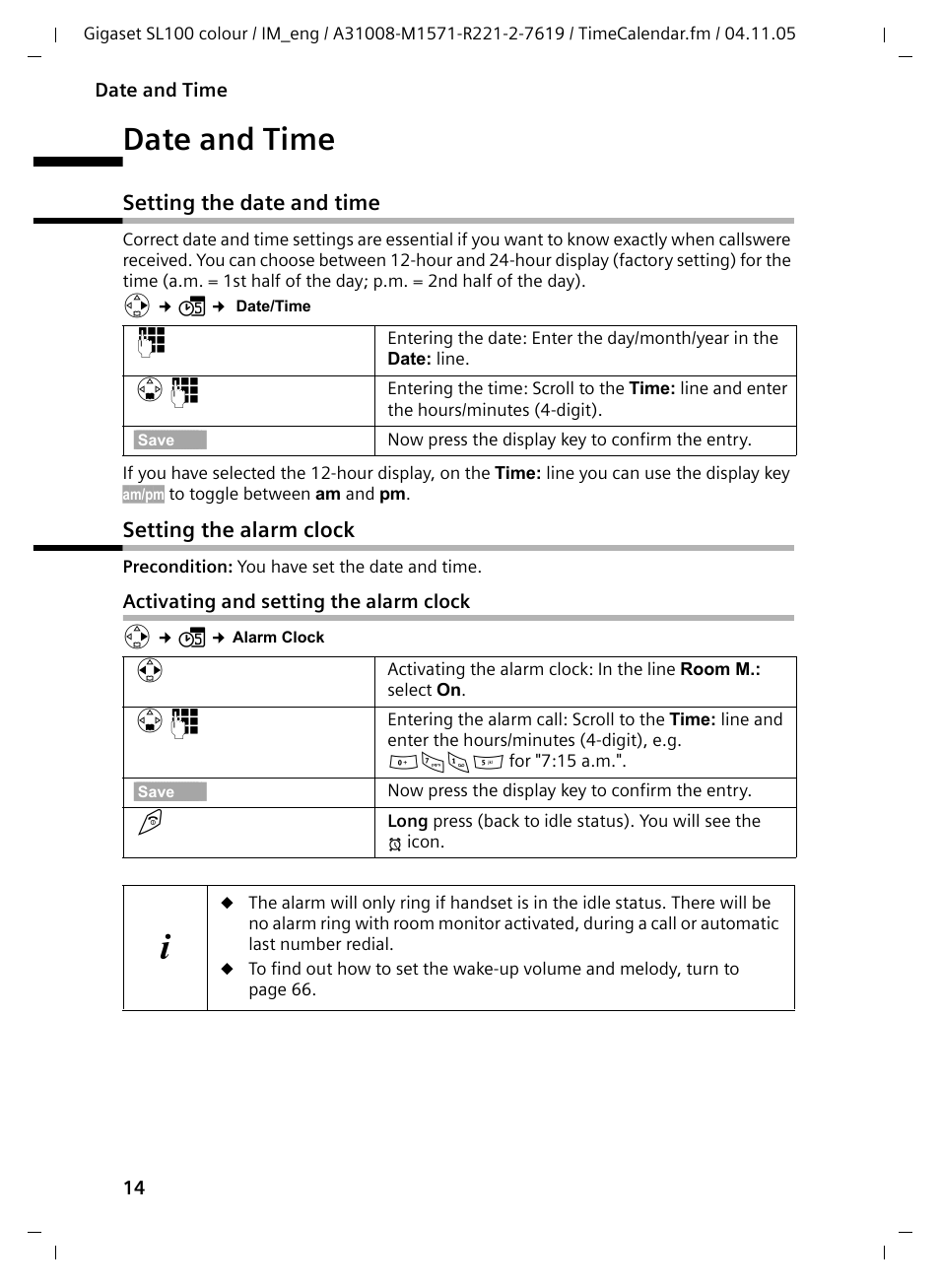 Date and time, Setting the date and time, Setting the alarm clock | Activating and setting the alarm clock, Setting the date and time setting the alarm clock | Siemens Gigaset SL100 User Manual | Page 15 / 93