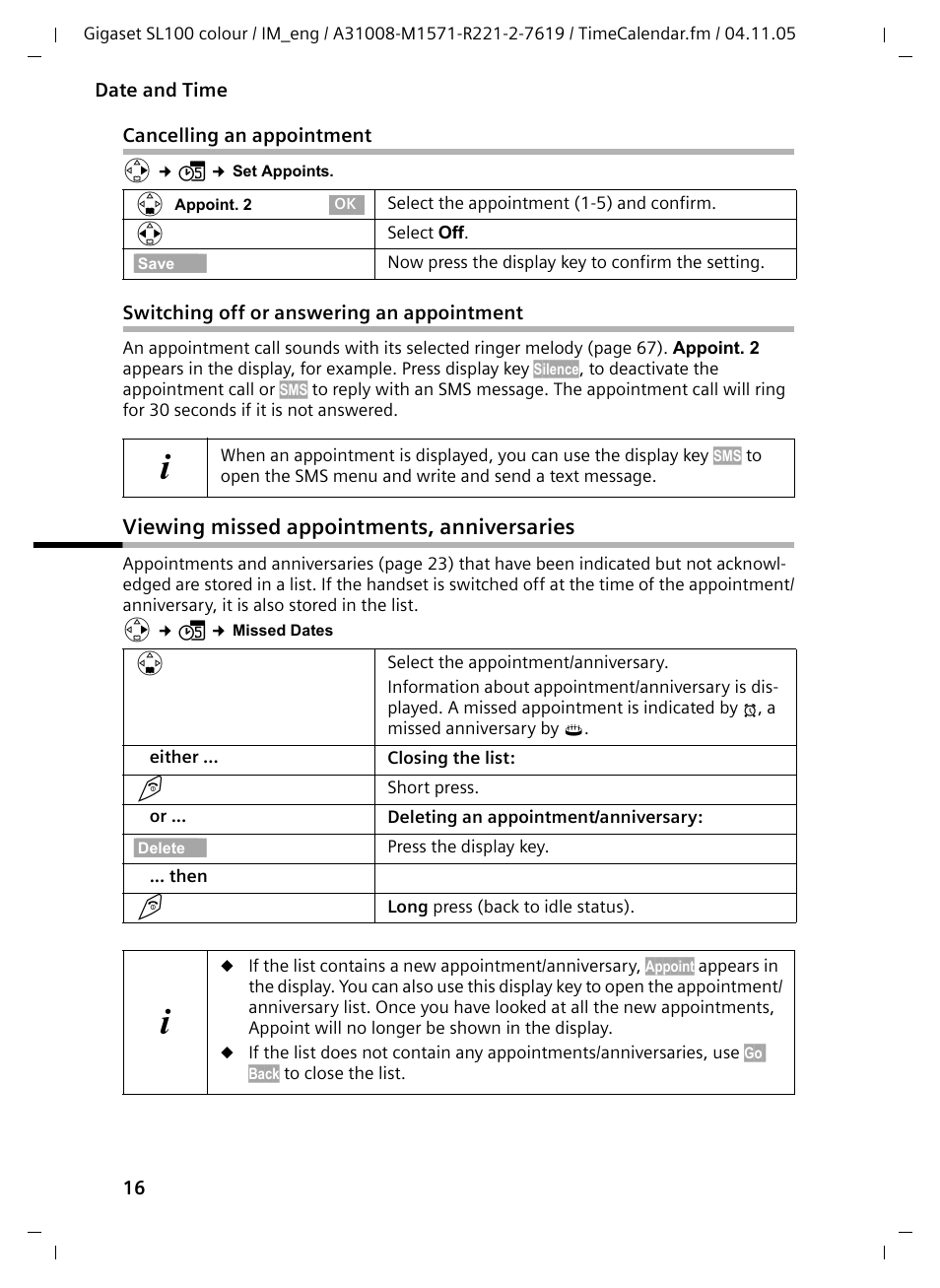 Cancelling an appointment, Switching off or answering an appointment, Viewing missed appointments, anniversaries | Siemens Gigaset SL100 User Manual | Page 17 / 93