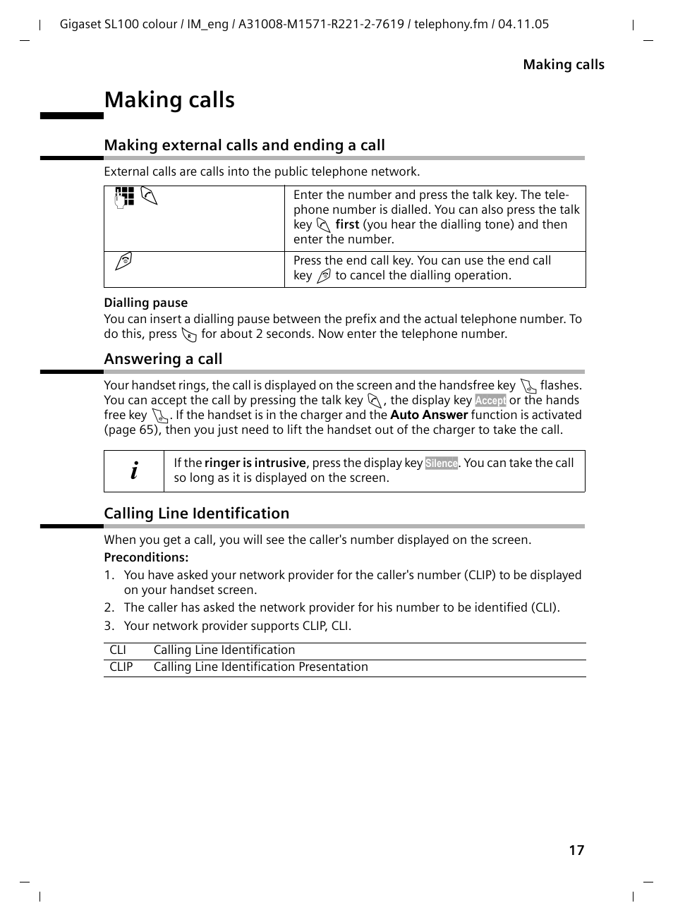 Making calls, Making external calls and ending a call, Answering a call | Calling line identification | Siemens Gigaset SL100 User Manual | Page 18 / 93