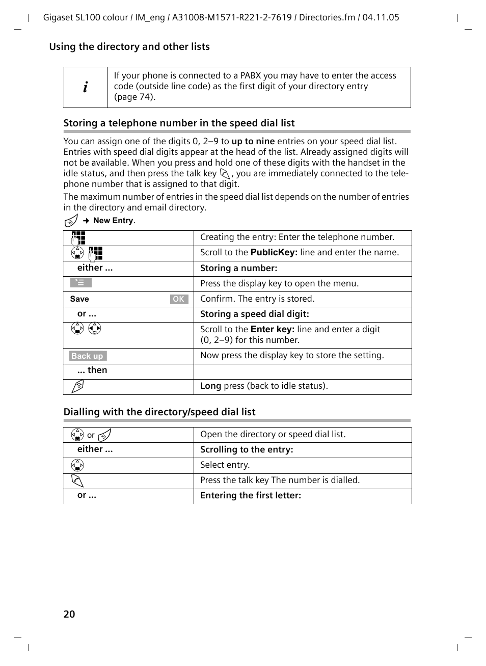 Storing a telephone number in the speed dial list, Dialling with the directory/speed dial list | Siemens Gigaset SL100 User Manual | Page 21 / 93