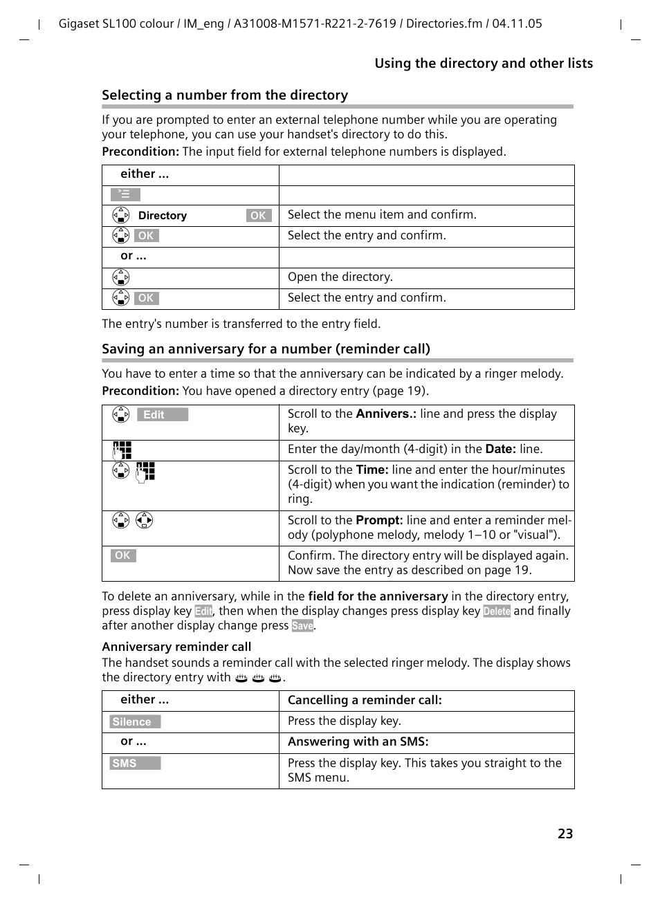 Selecting a number from the directory, Saving an anniversary for a number (reminder call) | Siemens Gigaset SL100 User Manual | Page 24 / 93