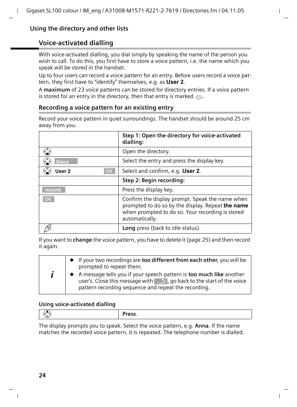 Voice-activated dialling, Recording a voice pattern for an existing entry | Siemens Gigaset SL100 User Manual | Page 25 / 93