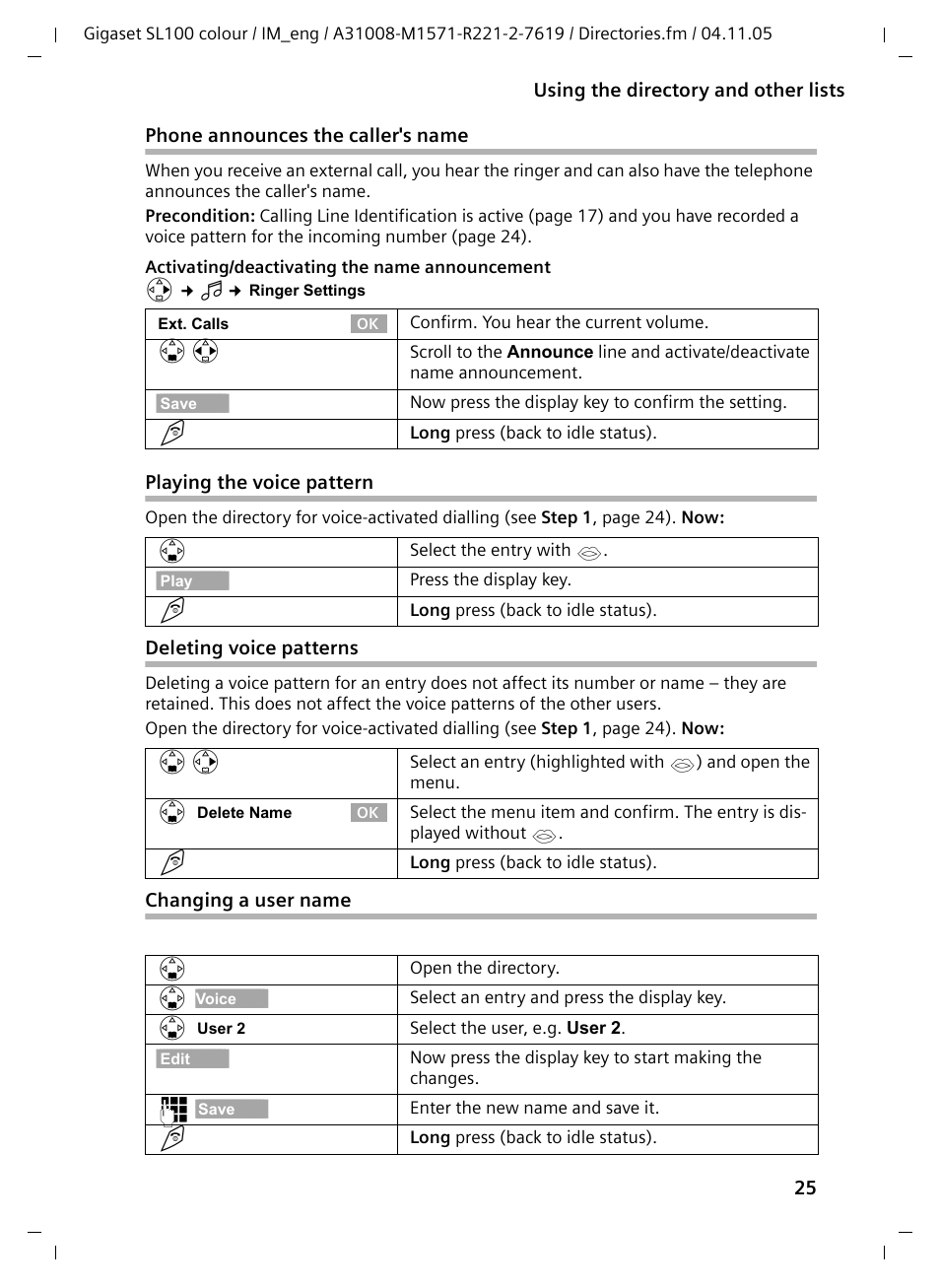 Phone announces the caller's name, Playing the voice pattern, Deleting voice patterns | Changing a user name | Siemens Gigaset SL100 User Manual | Page 26 / 93