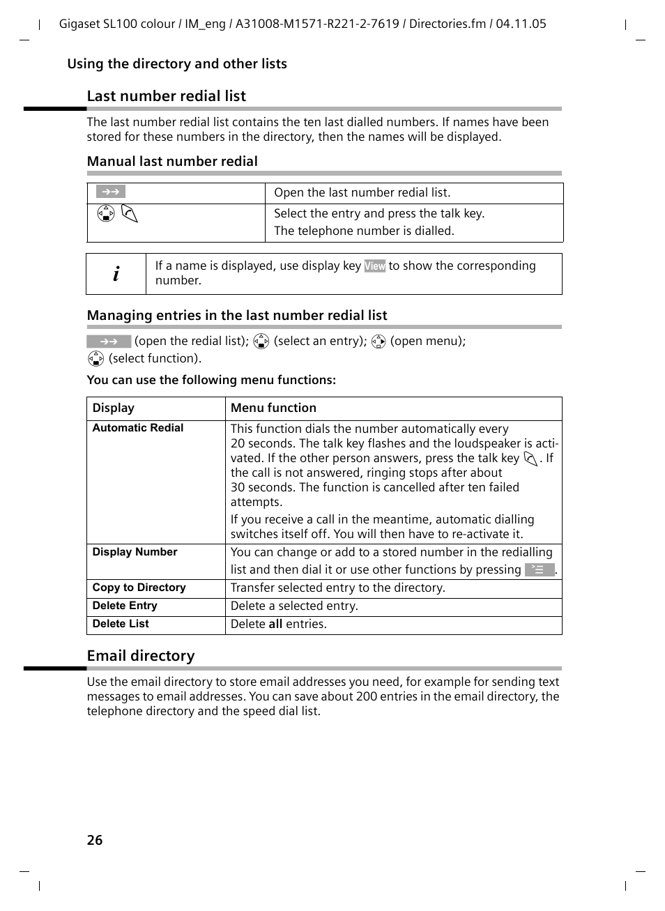 Last number redial list, Manual last number redial, Managing entries in the last number redial list | Email directory, Last number redial list email directory | Siemens Gigaset SL100 User Manual | Page 27 / 93