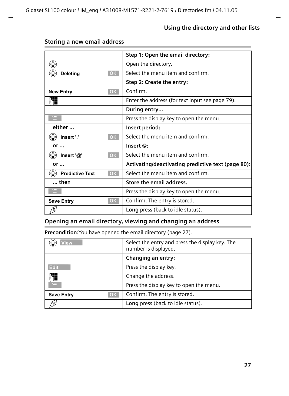 Storing a new email address | Siemens Gigaset SL100 User Manual | Page 28 / 93