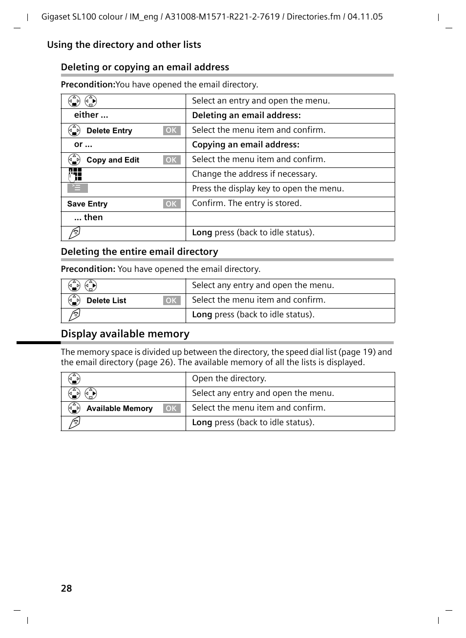 Deleting or copying an email address, Deleting the entire email directory, Display available memory | Siemens Gigaset SL100 User Manual | Page 29 / 93