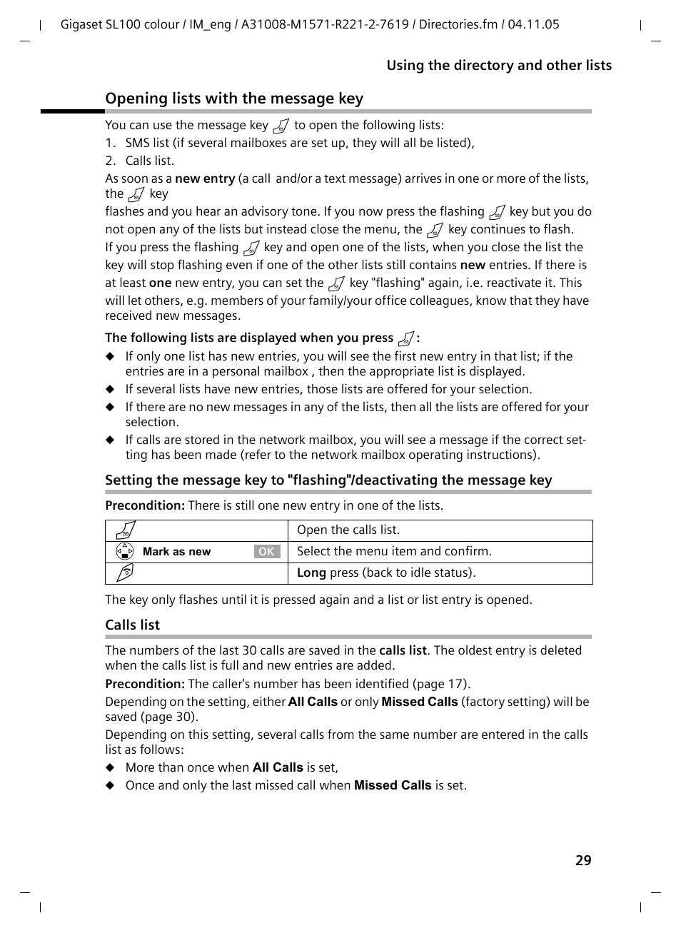 Opening lists with the message key, Calls list | Siemens Gigaset SL100 User Manual | Page 30 / 93